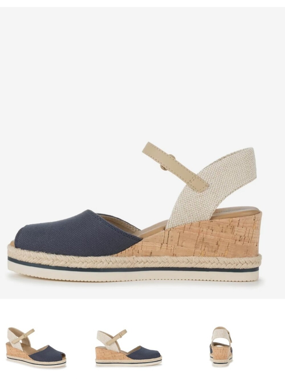 BARETRAPS-NEW IN BOX- Navy Canvas and Beige Cork Wedge Sandals - Picture 3 of 13